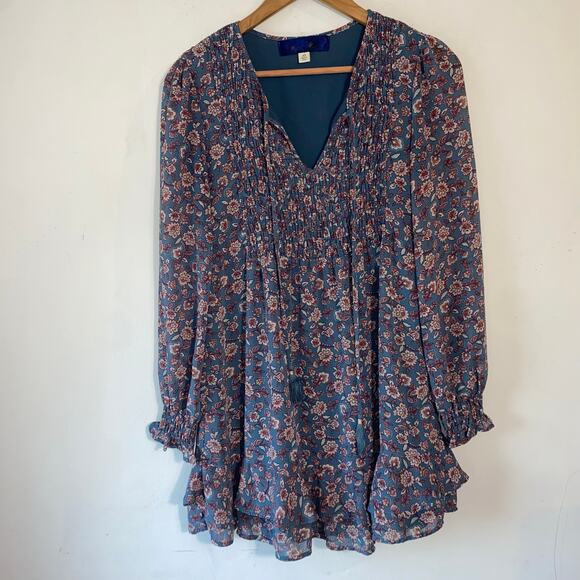 Blue Rain XS Boho Floral Mini Dress Cottagecore Ruffle Hem Long Sleeve Smocked - Picture 1 of 9
